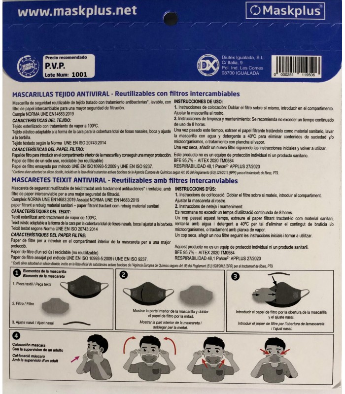 MASKPLUS MASCARILLA NIÑOS 3 A 5 AÑOS REUTILIZABLE 100 USOS + 10 FILTROS
