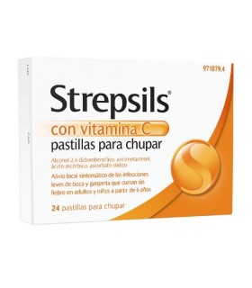 STREPSILS CON VITAMINA C 24 PASTILLAS PARA CHUPA Garganta irritada y Resfriado, tos y Gripe - RECKITT