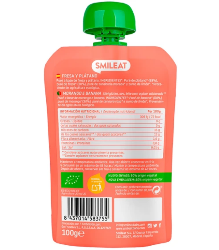SMILEAT POUCH FRESA Y PLATANO ECOLOGICO 100G Bebé y mamá y Inicio - SMILEAT