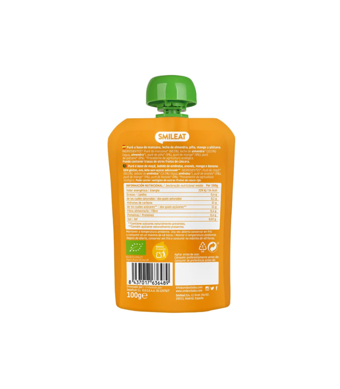 SMILEAT POUCH LECHE DE ALMENDRAS, MANGO Y PIÑA + 9 MESES 100G Bebé y mamá y Inicio - SMILEAT