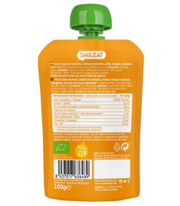 SMILEAT POUCH LECHE DE ALMENDRAS, MANGO Y PIÑA + 9 MESES 100G Bebé y mamá y Inicio - SMILEAT