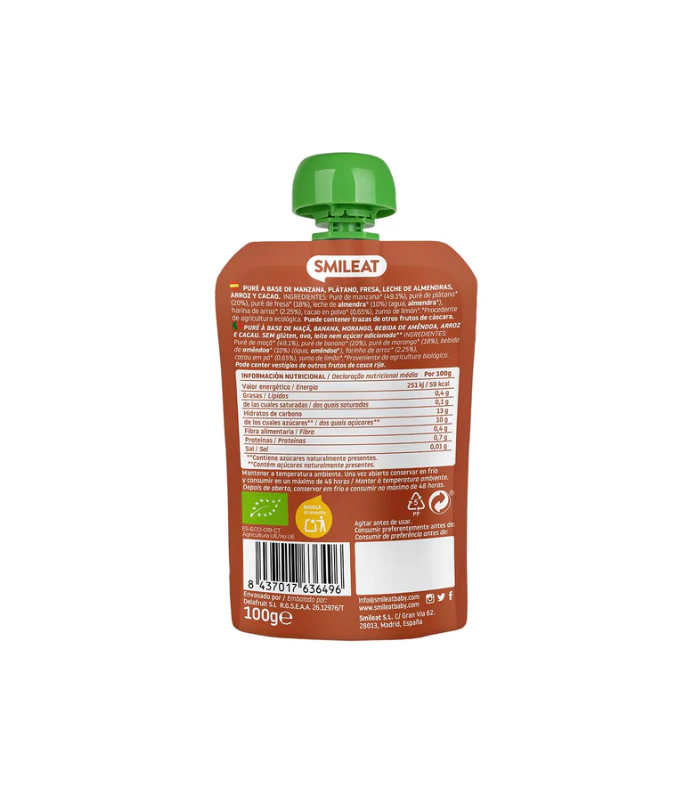 SMILEAT POUCH LECHE DE ALMENDRAS, CACAO Y FRESA + 9 MESES 100G Bebé y mamá y Inicio - SMILEAT