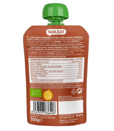 SMILEAT POUCH LECHE DE ALMENDRAS, CACAO Y FRESA + 9 MESES 100G Bebé y mamá y Inicio - SMILEAT