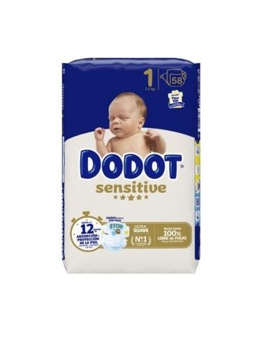 DODOT SENSITIVE PAÑAL INFANTIL T1 2-5 KG 58 UNIDADES Pañales y toallitas y Higiene bebé - DODOT